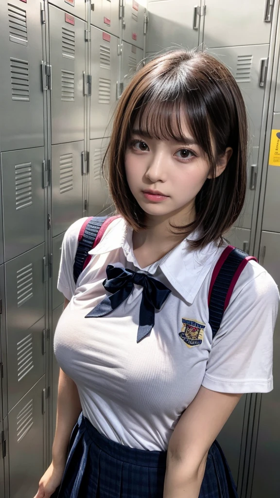 masterpiece, best quality, illustration, Super detailed, fine details, High resolution, 8K,wall paper, perfect dynamic composition, NSFW, nipple, (Details High quality, realistic depiction of eyes:1.3), Upper body, front view, locker room、Leaning against a locker, High school girl uniform、Shirt unbuttoned. 、Breasts exposed., Colossal tits、Disturbed uniform,  short bob hair, black hair color, Big Natural Color Lip, crying a little、Harajuku style、20 year old girl