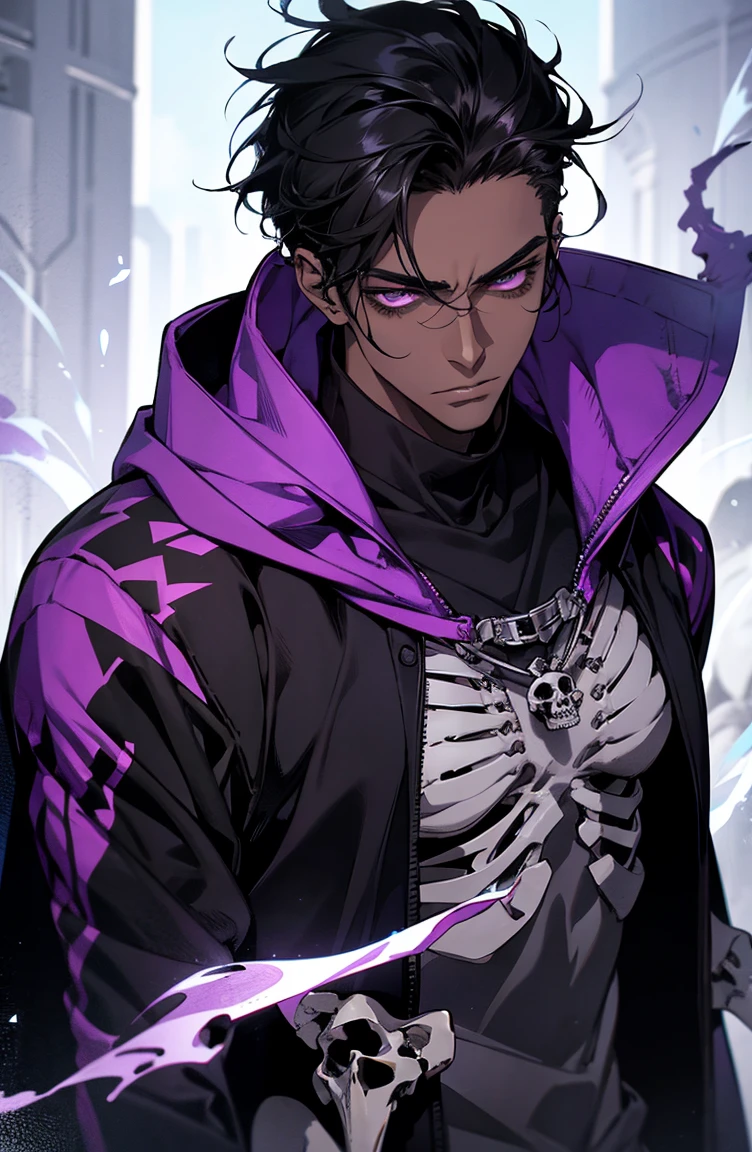 male with bones, looking away from camera, skulls, bones, handsome, black, dark skin, tall, broad shoulders, black hair, purple, purple fire, magic, detailed face, fantasy, hoodie
