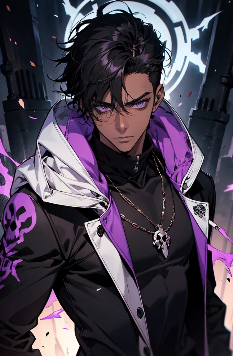 male with bones, looking away from camera, skulls, bones, handsome, black, dark skin, tall, broad shoulders, black hair, purple, purple fire, magic, detailed face, fantasy, hoodie
