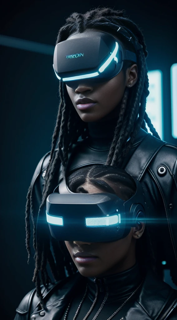 Cyberpunk style, ebony avatar, cyberspace, wireframe, matrix, tron, minimal, abstract, virtual reality, black background, neon lights, virtual interface, looking at camera, (ebony), dreads, sexy, thic, vr headset