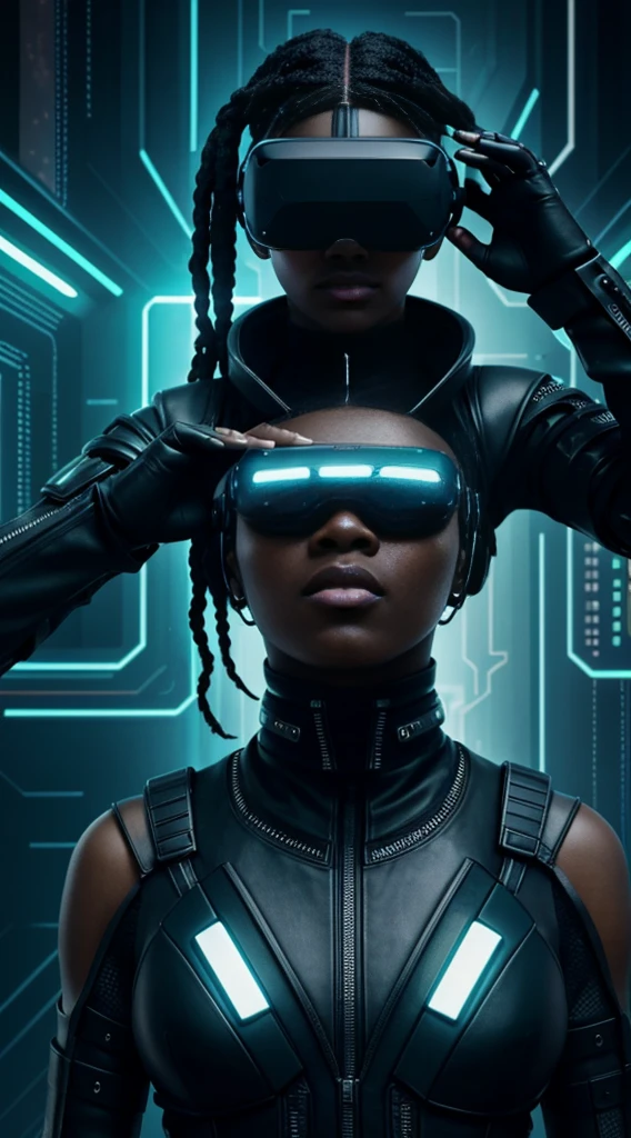 Cyberpunk style, ebony avatar, cyberspace, wireframe, matrix, tron, minimal, abstract, virtual reality, black background, neon lights, virtual interface, looking at camera, (ebony), dreads, sexy, thic, vr headset 