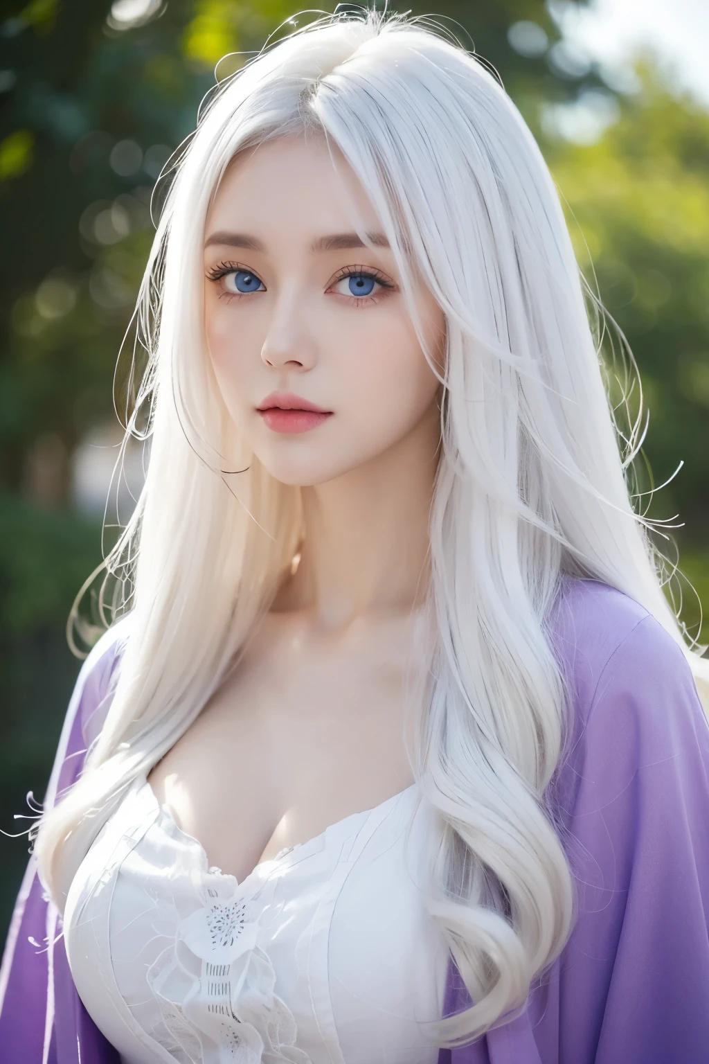 1 woman, White long curly hair,Natural and beautiful hair, clean and beautiful. White hair. Close lips. Blue natural eyes. Purple clothes.
