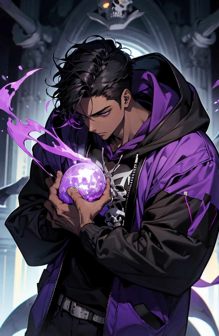 male with bones, looking away from camera, skulls, bones, handsome, black, dark skin, tall, broad shoulders, black hair, purple, purple fire, magic, detailed face, fantasy, hoodie
