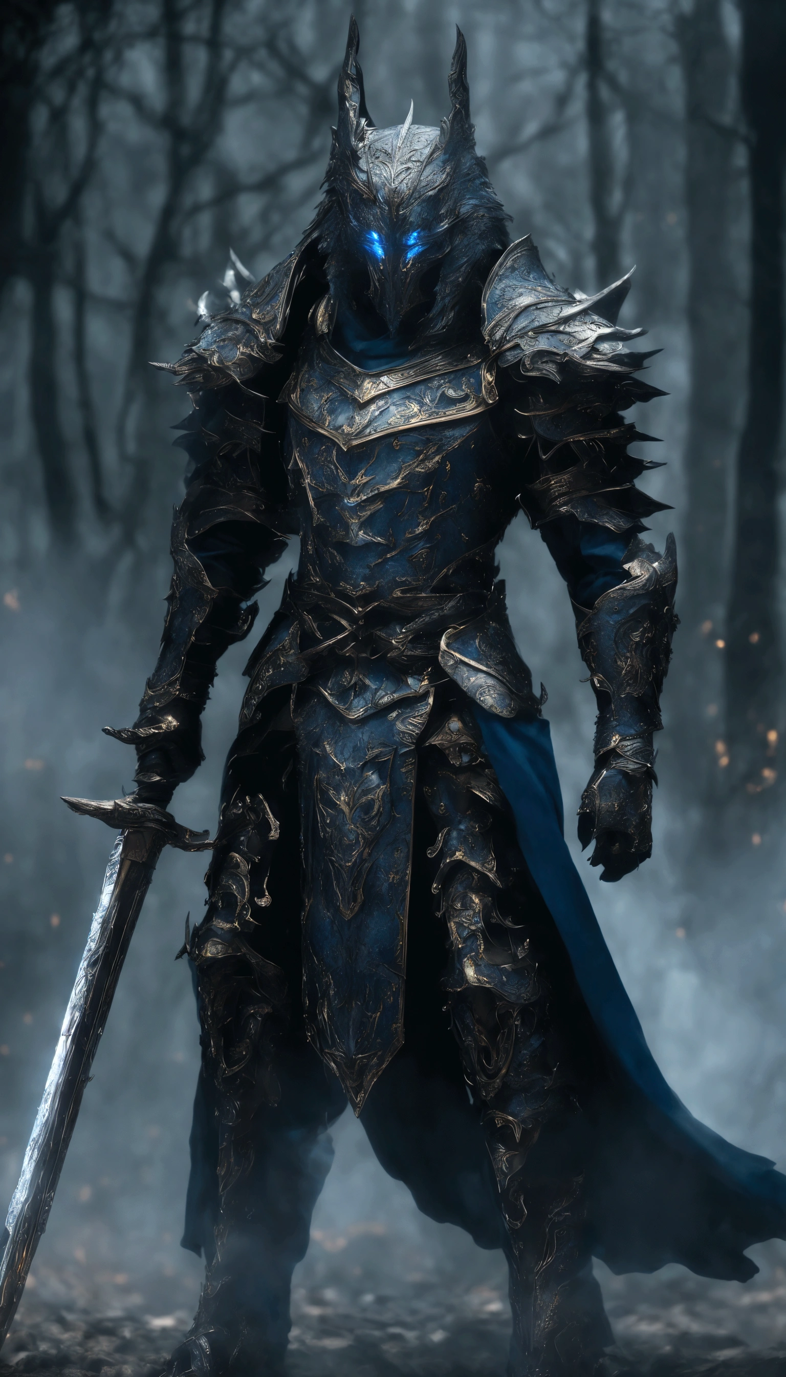 a knight in blue armor, glowing blue flames emanating from the armor, highly detailed, cinematic lighting, fantasy, digital art, concept art, epic, dramatic, dynamic pose, realistic, photorealistic, 8k, best quality, ultra-detailed, masterpiece, dramatic lighting, volumetric lighting, chiaroscuro, moody, atmospheric, fantasy medieval, intricate details, glossy metallic armor, flowing fabric, cinematic composition, heroic, imposing, powerful, glowing blue energy, magical