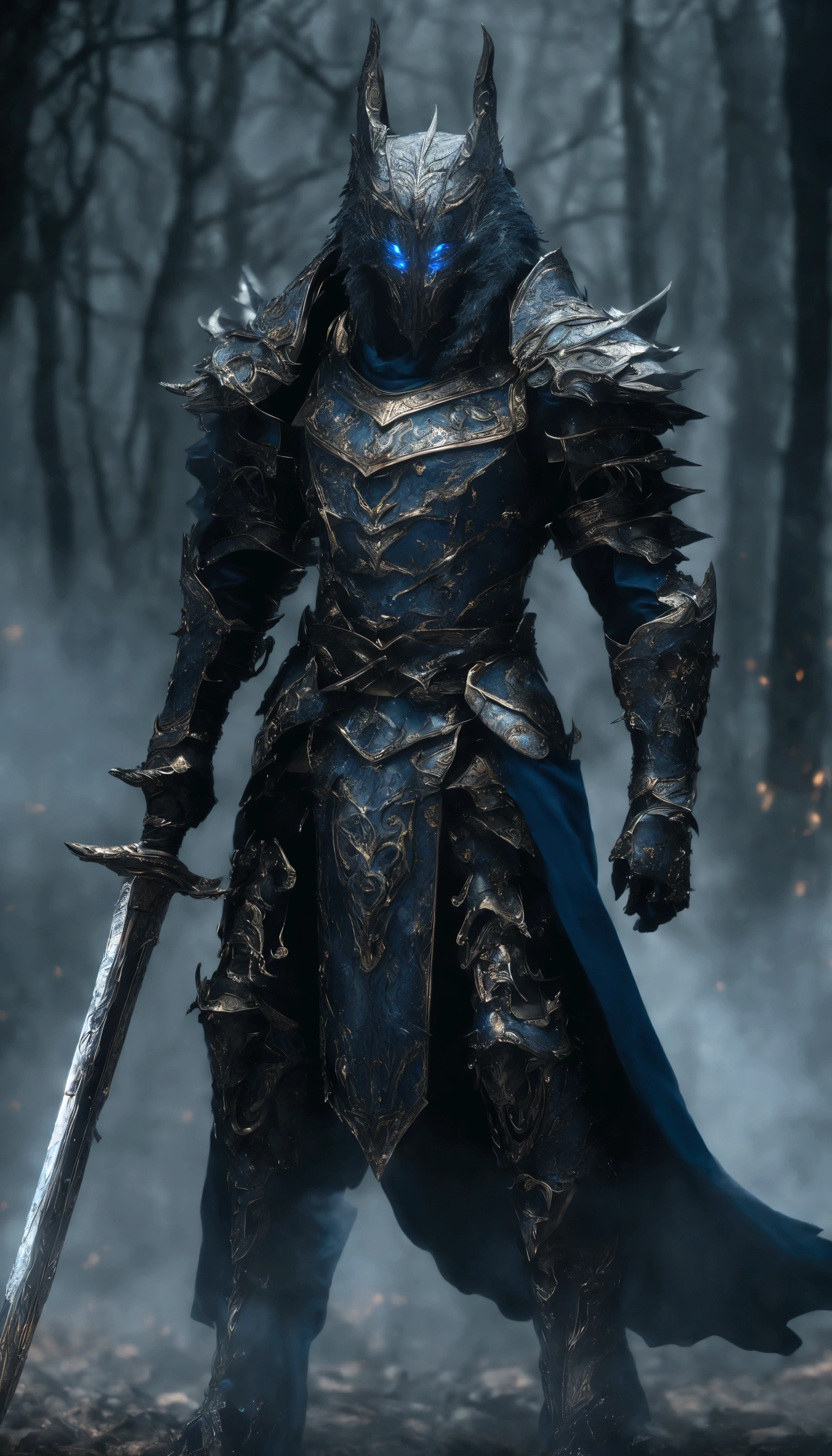 a knight in blue armor, glowing blue flames emanating from the armor, highly detailed, cinematic lighting, fantasy, digital art, concept art, epic, dramatic, dynamic pose, realistic, photorealistic, 8k, best quality, ultra-detailed, masterpiece, dramatic lighting, volumetric lighting, chiaroscuro, moody, atmospheric, fantasy medieval, intricate details, glossy metallic armor, flowing fabric, cinematic composition, heroic, imposing, powerful, glowing blue energy, magical