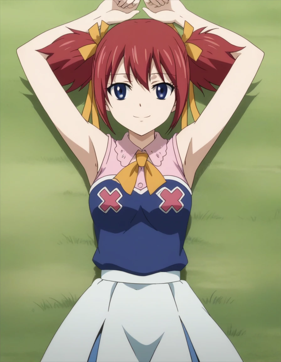 chelia_blendy, source_anime, rating_safe, intricate details, anime screencap, anime coloring, 1girl, solo, red hair, blue eyes, ribbon, hair ribbon, twintails, short twintails, looking at viewer, high quality, solo, lying, on back, arms up, spread arms, closed mouth, on grass, center, (cowboy shot:1.5), looking at viewer, suggestive smile, best quality