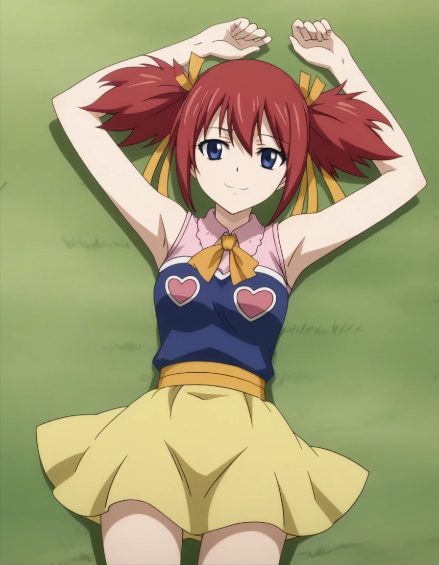 chelia_blendy, source_anime, rating_safe, intricate details, anime screencap, anime coloring, 1girl, solo, red hair, blue eyes, ribbon, hair ribbon, twintails, short twintails, looking at viewer, high quality, solo, lying, on back, arms up, spread arms, closed mouth, on grass, center, (cowboy shot:1.5), looking at viewer, suggestive smile, best quality