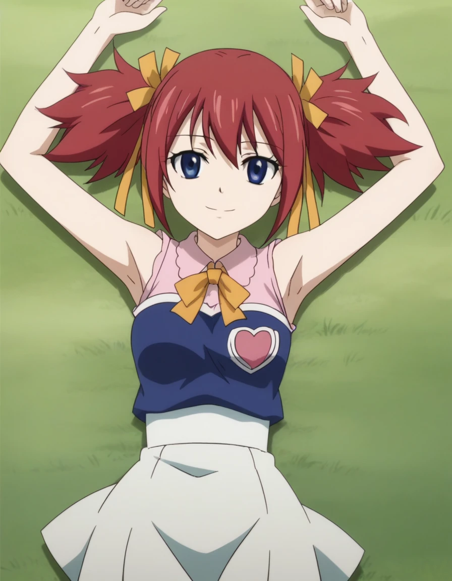 chelia_blendy, source_anime, rating_safe, intricate details, anime screencap, anime coloring, 1girl, solo,  red hair, blue eyes, ribbon, hair ribbon, twintails, short twintails, looking at viewer, high quality, solo, lying, on back, arms up, spread arms, closed mouth, on grass, center, (cowboy shot:1.5), looking at viewer, suggestive smile, best quality