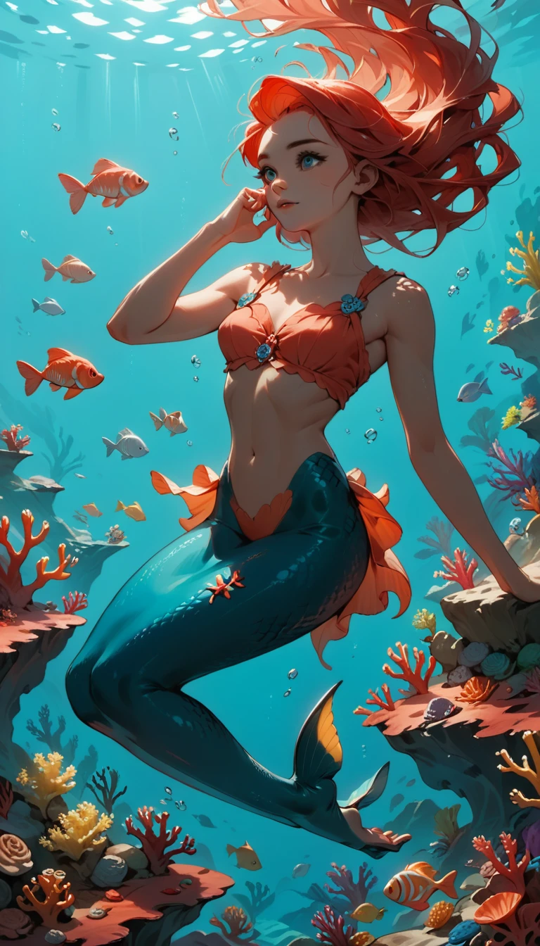 Minimalist Travel，diving，mermaid，Ariel、The girl has her hand on her cheek, Gazing into the distance, Thoughtful、Striking a dreamy pose, Conveying serenity and depth, Dutch Angle,Minimalism, In the beautiful coral reef, Colorful small fish、shape.