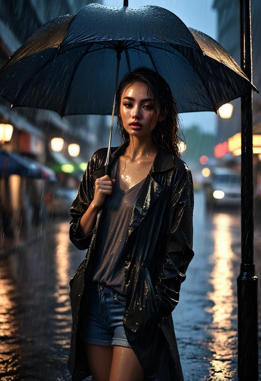 a tall girl, her face covered by umbrella, face darken face by umbrella shadow, hard rain, dirty-ragged clothes, tears, stand pose, high pose,  under city light pole, dark night background, black umbrella, extremely detailed, epic digital photo art, artgerm, 8k, epic realism, heavy shower-rain, splash effect, light effect, dramatic effect, ground camera view, cinematic motion picture, motion blur, dramatic view
