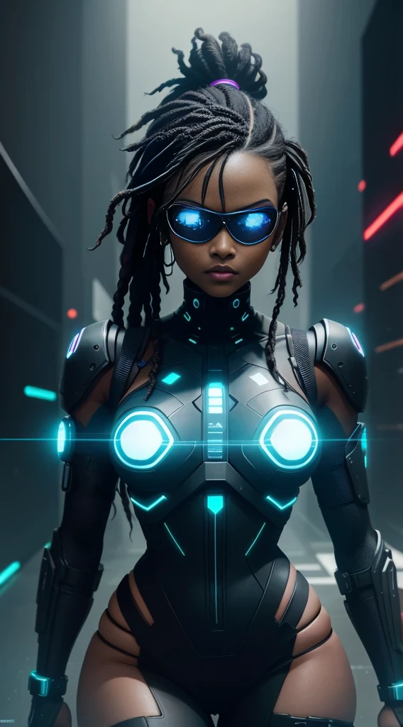 Cyberpunk style, ebony avatar, cyberspace, wireframe, matrix, tron, minimal, abstract, virtual reality, black background, neon lights, virtual interface, looking at camera, (ebony), dreads, sexy, thic, vr headset 