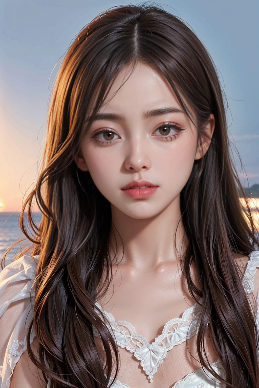 (High quality, High resolution, Fine details), Evening sunset, (Face close up: 1.2), Romantic mood, Warm lighting, Warm tones, Solo, Best fashion dressed up, Curvy woman, Light brown hair, (Closing eyes), (Kissing face and lips), Blush, Shallow depth of field