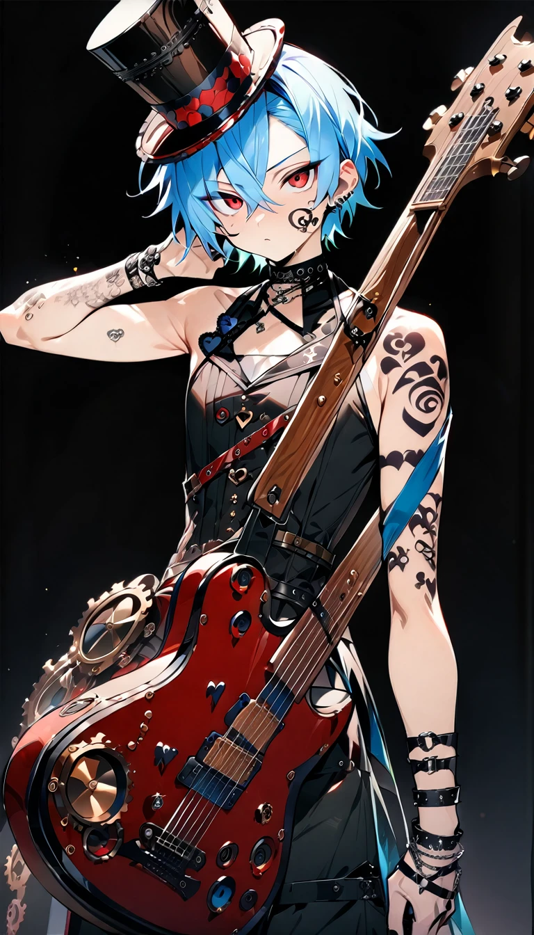 (((masterpiece,Highest quality))),((A male anime character with short blue hair, red eyes, and a tattooed upper arm wearing a visual kei outfit, holding a guitar)),((Steampunk-style electric guitar)),((Steampunk-style electric guitarを持って立っている)),(((Small steampunk top hat,Tattoos on the right side of the face and on the arm))),(((Black Background))),Focus on the whole body,(high quality),アニメ