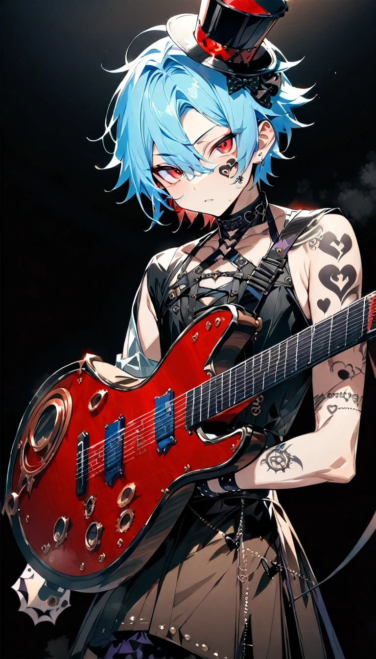 (((masterpiece,Highest quality))),((A male anime character with short blue hair, red eyes, and a tattooed upper arm wearing a visual kei outfit, holding a guitar)),((Steampunk-style electric guitar)),((Steampunk-style electric guitarを持って立っている)),(((Small steampunk top hat,Tattoos on the right side of the face and on the arm))),(((Black Background))),Focus on the whole body,(high quality),アニメ