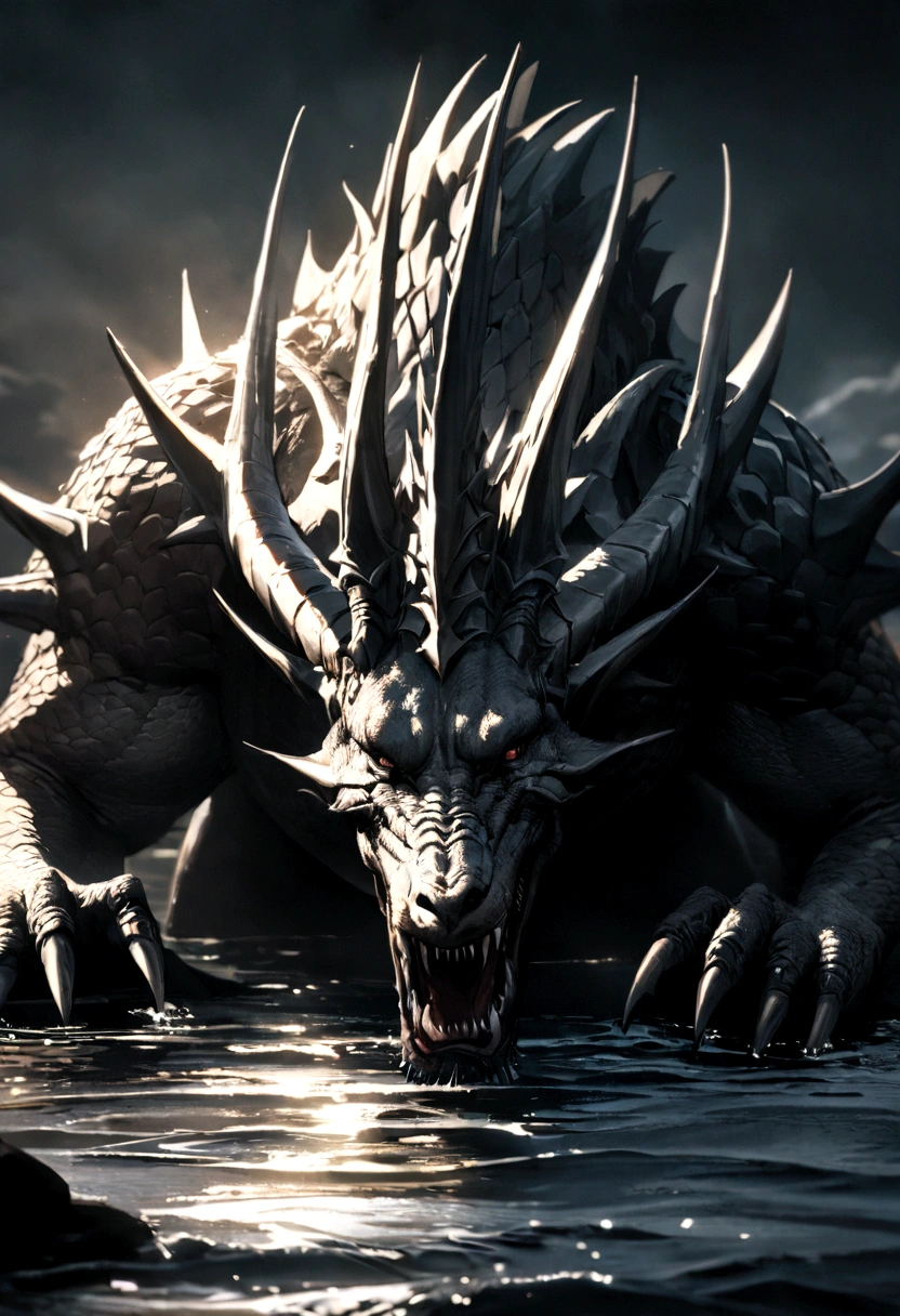 Dragon King,Chinese dragon,(pure black:1.3),dark eyes,Delicate and interesting face,fangs,in the sea,Sunlight ,low contrast,(Medium and near focal length:1.3),best quality,extra fine,Infinite details,Realistic photos,best quality,masterpiece,High quality wallpaper,8K,top down,Very detailed, textured skin(Not in human form:1.4)