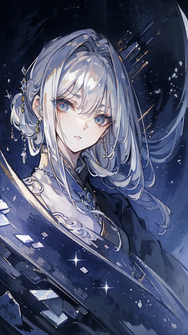 (extremely detailed 8K wallpaper),(ultra detailed),(best quality),(masterpiece),(highly detailed),(cinematic lighting),(original), cold light, mood,((headshot)),(Chinese artful style painting)), 1 girl, solo, gray hair, gray eyes, simple clothes and jewelry,(((eyes sparkling in the moonlight))),((villain image)),((haughty expression)))))