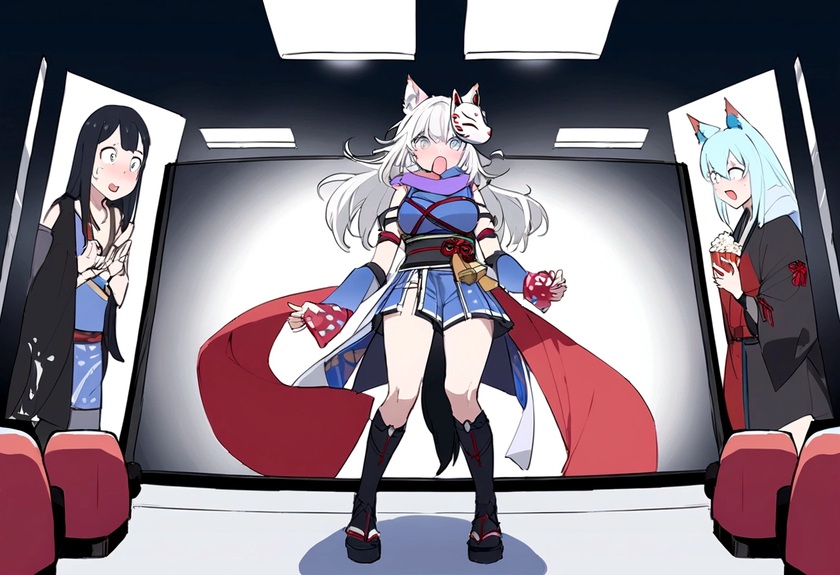 Movie viewing、profile、movie theatre、Surprised、Looking at the screen with his mouth wide open, watching a movie while eating popcorn、Watch videos、(masterpiece, best quality:1.2), 1girl, 独奏,Wolf girl, fox mask, ninja, girl, long white hair, odd eyes, blue kimono, ninja girl, red and blue scarf,, light coming in, fantastic atmosphere.night、Shadows of light and darkness、Eyes glowing in the dark、Black fox mask、、long hair that spreads、Glued to the screen