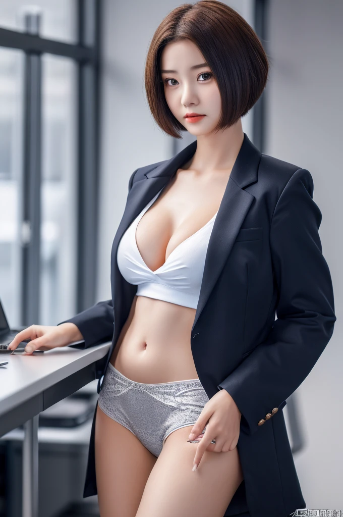 a 19 year old face of the most beautiful actress in the world, the short hair cut of a female is just like male one, the perfect body proportions of a female, formal shirt under blazer is covering large breasts of female upper body, panties between bare legs are almost seen thanks to skirt is too short, standing, in the office, nsfw, best quality, highly detailed, masterpiece, ultra high res, photo realistic, 8k