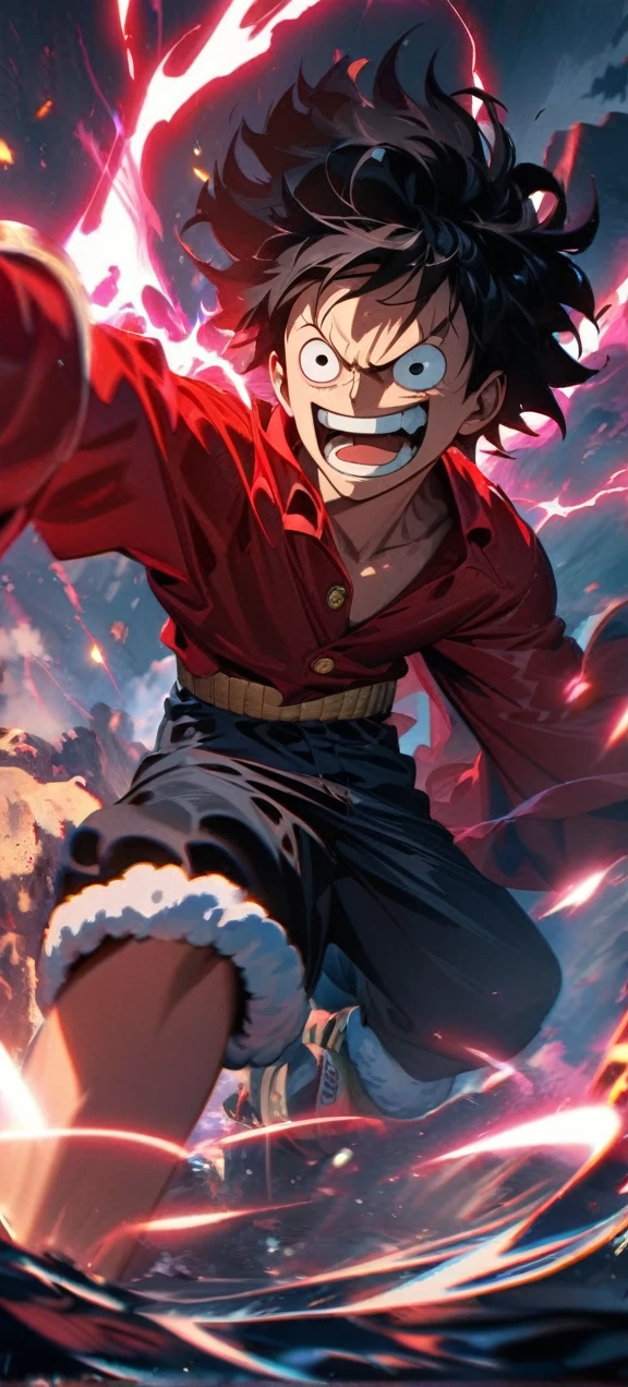  High quality, ,absurdres, highres, ultra detailed, HDR, masterpiece, extremely detailed face and eyes,  Luffy , One Piece,, Black hair ,red shirt, solo, ,man, handsome, ,, Epic fight scene, red splashing effect,red lightning  effect,glowing glitters , full effect,