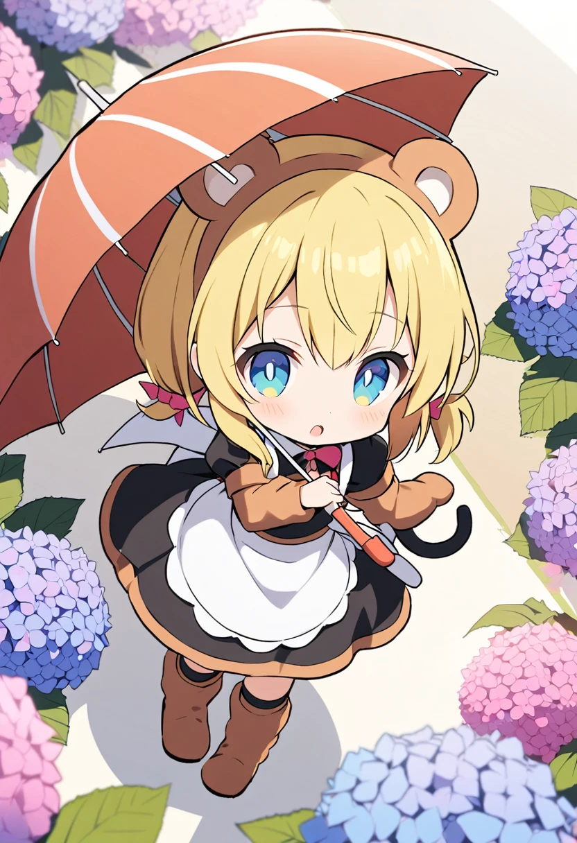 1girl,deltamon_beta, solo, (eyes highlight,((upturned eyes)),((Angle from above:1.3)),from above、Looking at camera,((umbrella:1.3)),
BREAK {ponytail |short twintails | long hair |layered cut|bob cut},{black hair|brown hair|blonde hair},((idol)),((,Maid)),((chibi,loli(((hydrangea),a lot of flowers)),(bear full body costume Kigurumi),((Holding an umbrella:1.3))