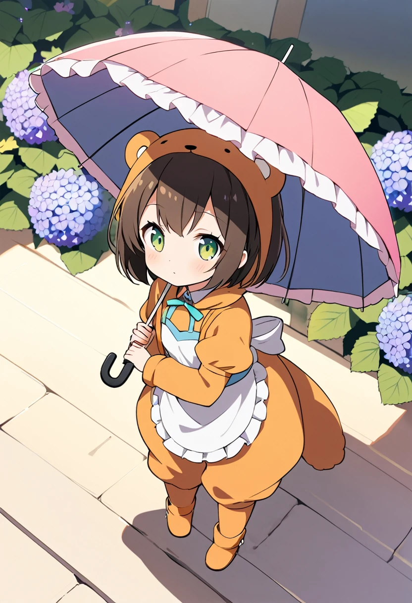 1girl,deltamon_beta, solo, (eyes highlight,((upturned eyes)),((Angle from above:1.3)),from above、Looking at camera,((umbrella:1.3)),
BREAK {ponytail |short twintails | long hair |layered cut|bob cut},{black hair|brown hair|blonde hair},((idol)),((loli,Maid)),((chibi,loli)), (((hydrangea),a lot of flowers)),(bear full body costume Kigurumi),((Holding an umbrella:1.3))