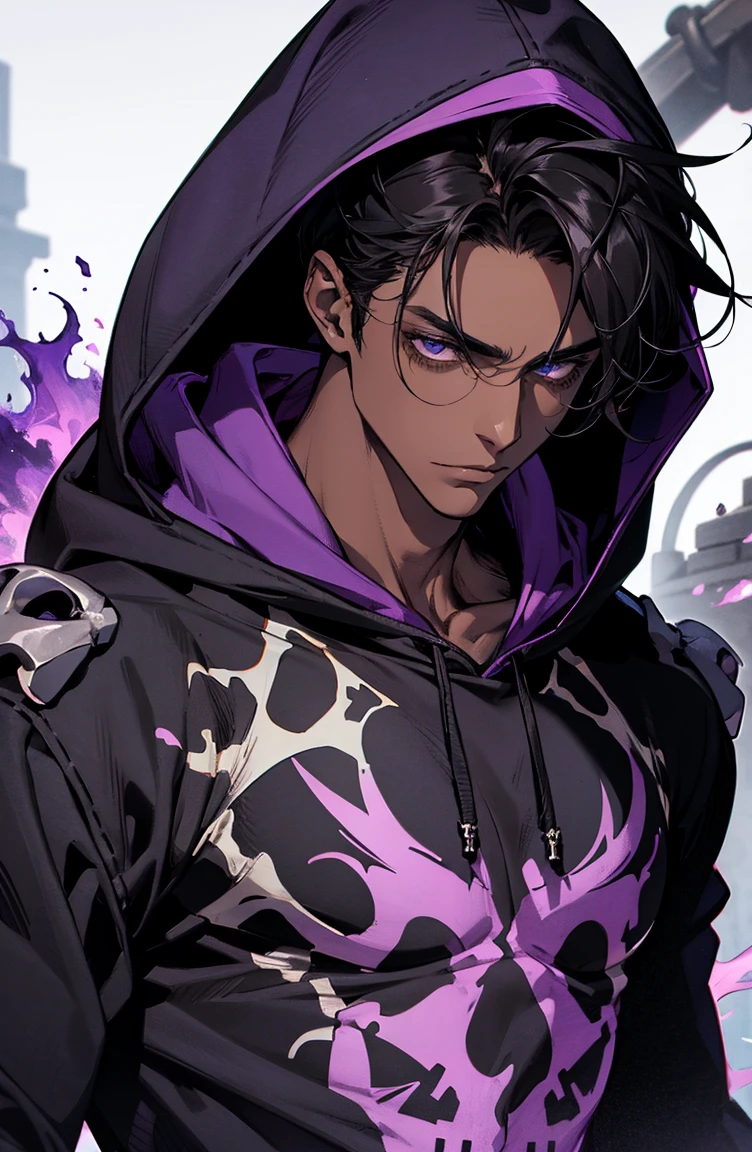male with bones, looking away from camera, skulls, bones, handsome, black, dark skin, tall, broad shoulders, black hair, purple, purple fire, magic, detailed face, fantasy, hoodie
