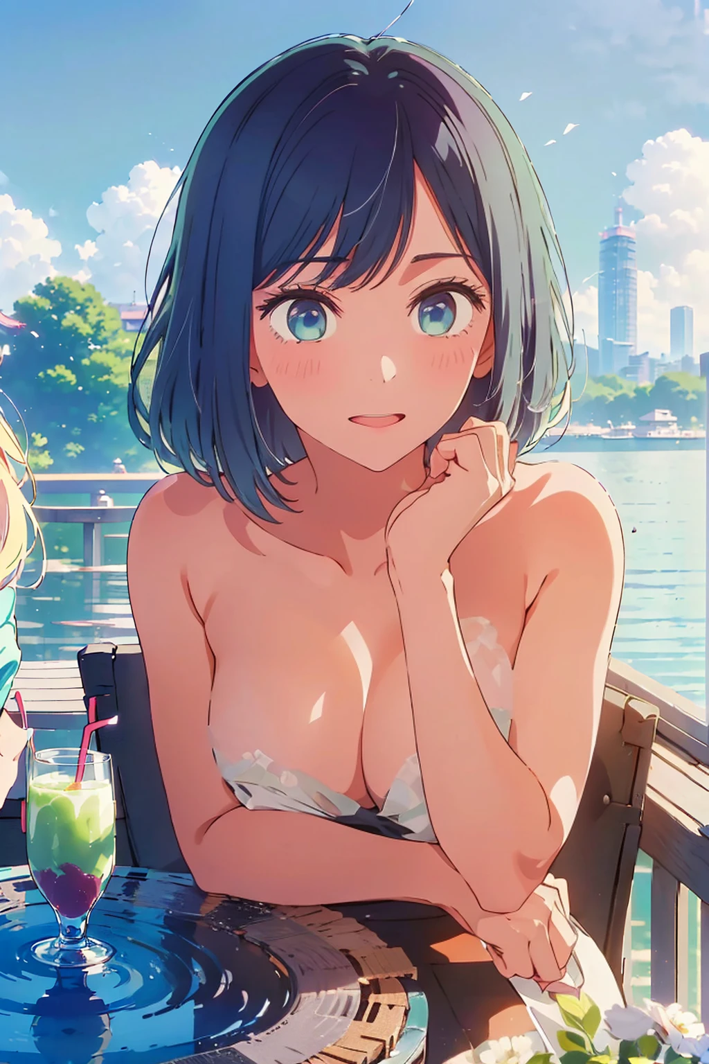 (Highest quality:1.4、8K:1.4、detailed)、F cup bust、Big Breasts、Slim body、Very white beautiful skin、((((1 person、Surprised expression、sit、Chair、In the background are the urban buildings of Tokyo、looking at the camera、Outdoor café terrace、Navy hair color、juice、Shooting from an angle、table、Very cute face))))、((((nude、Areola))))、(Touching cheeks with both hands pose:1.4、Cheek resting on hand:1.4)、Off-the-shoulder zip-up jacket、Very blue sky、A completely cloudless sky