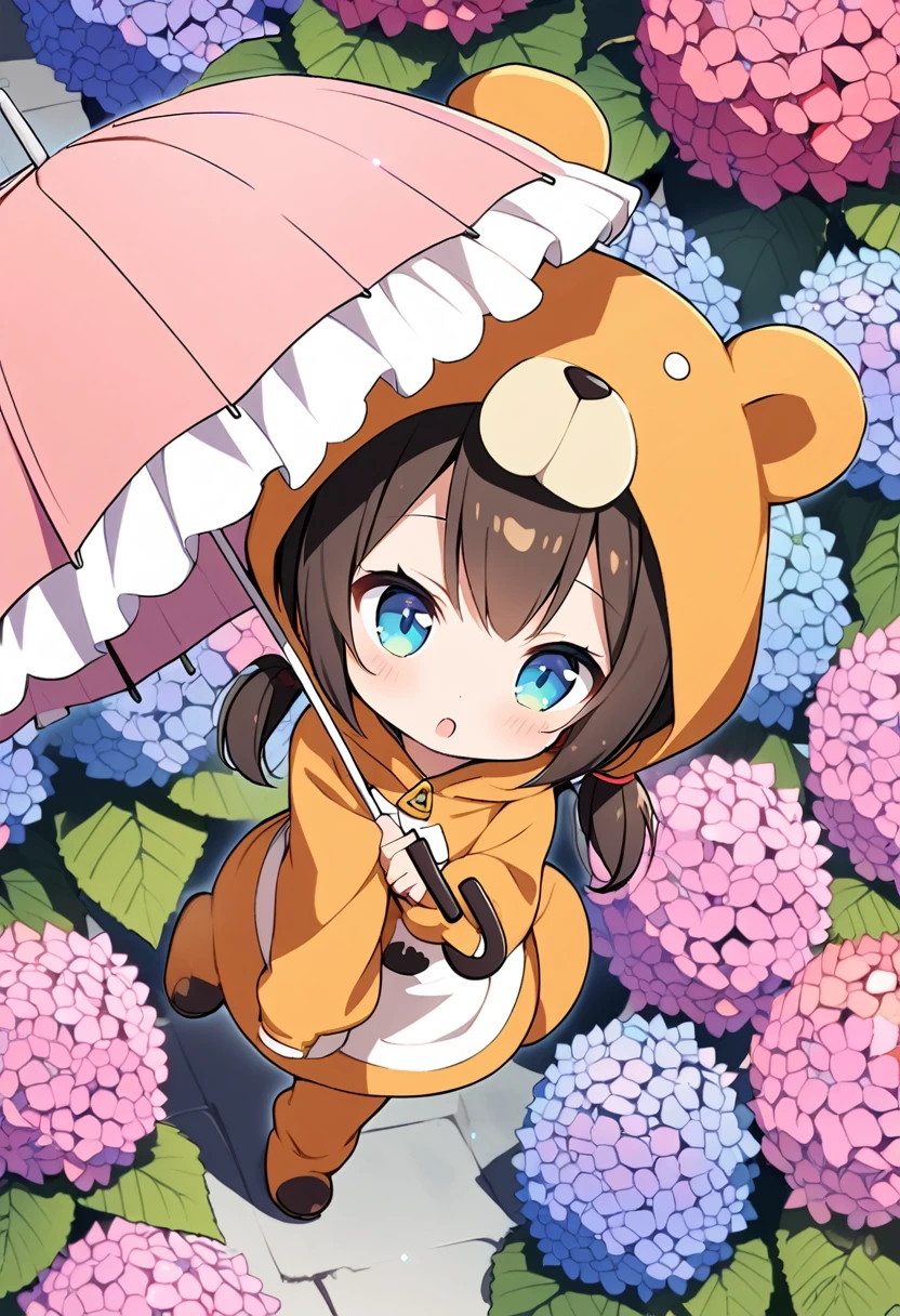 1girl,deltamon_beta, solo, (eyes highlight,((upturned eyes)),((Angle from above:1.3)),from above、Looking at camera,((umbrella:1.3)),
BREAK  {ponytail |short twintails | long hair |layered cut|bob cut},{black hair|brown hair|blonde hair},((idol)),((loli,Maid)),((chibi,loli)), (((hydrangea),a lot of flowers)),(bear full body costume Kigurumi),((Holding an umbrella:1.3))