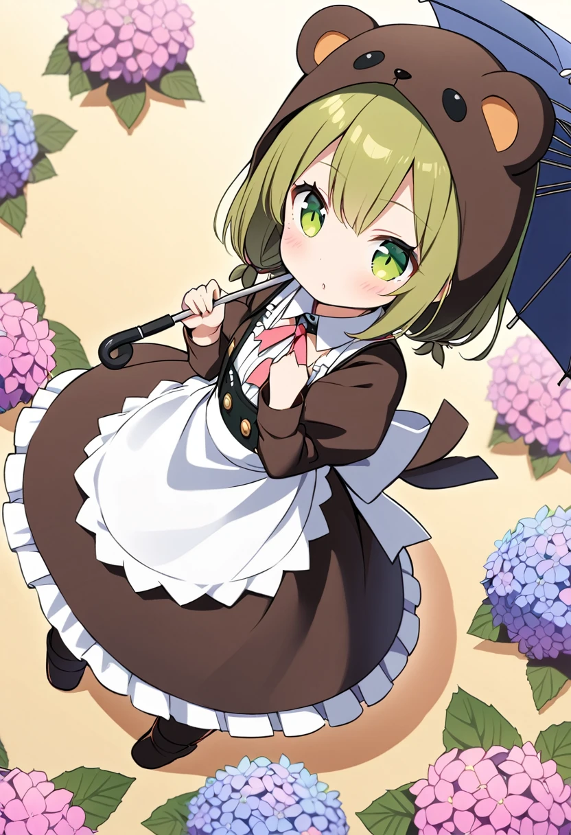 1girl,deltamon_beta, solo, (eyes highlight,((upturned eyes)),((Angle from above:1.3)),from above、Looking at camera,((umbrella:1.3)),
BREAK {ponytail |short twintails | long hair |layered cut|bob cut},{black hair|brown hair|blonde hair},((idol)),((loli,Maid)),((chibi,loli)), (((hydrangea),a lot of flowers)),(bear full body costume Kigurumi),((Holding an umbrella:1.3))
