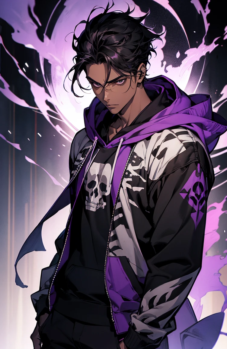 male with bones, looking away from camera, skulls, bones, handsome, black, dark skin, tall, broad shoulders, black hair, purple, purple fire, magic, detailed face, fantasy, hoodie