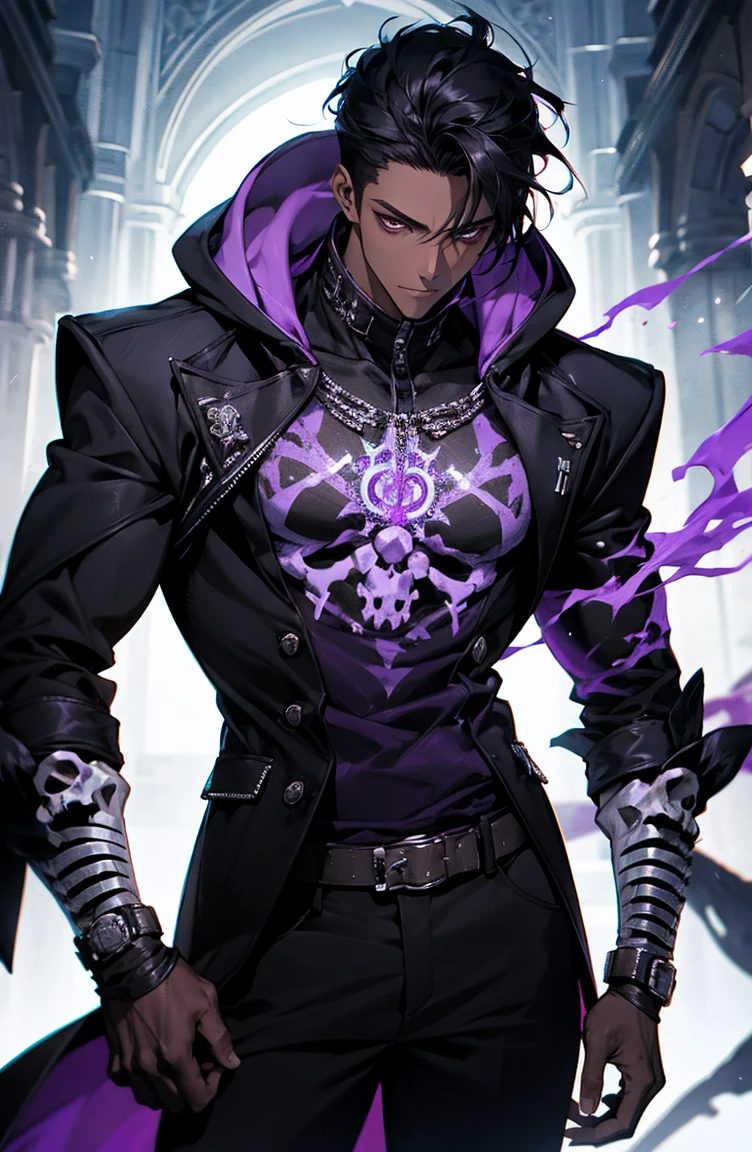 male with bones, looking away from camera, skulls, bones, handsome, black, dark skin, tall, broad shoulders, black hair, purple, purple fire, magic, detailed face, fantasy, hoodie