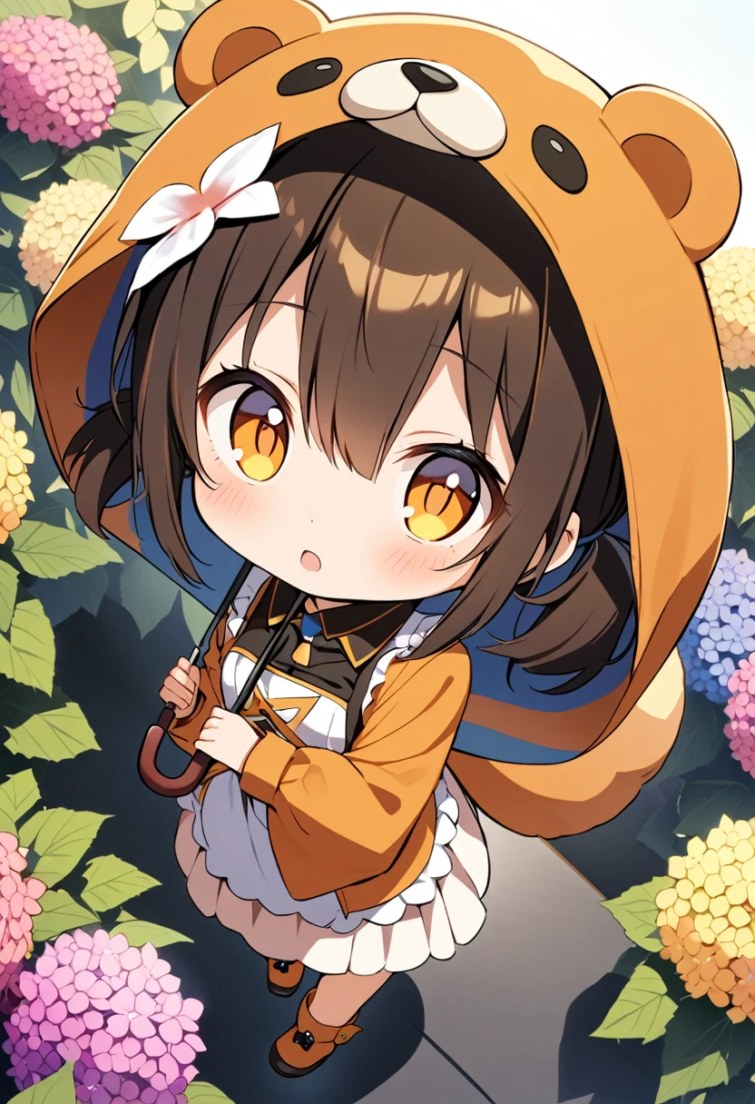 1girl,deltamon_beta, solo, (eyes highlight,((upturned eyes)),((Angle from above:1.3)),from above、Looking at camera,((umbrella:1.3)),
BREAK {ponytail |short twintails | long hair |layered cut|bob cut},{black hair|brown hair|blonde hair},((idol)),((,Maid)),((chibi,loli(((hydrangea),a lot of flowers)),(bear full body costume Kigurumi),((Holding an umbrella:1.3))