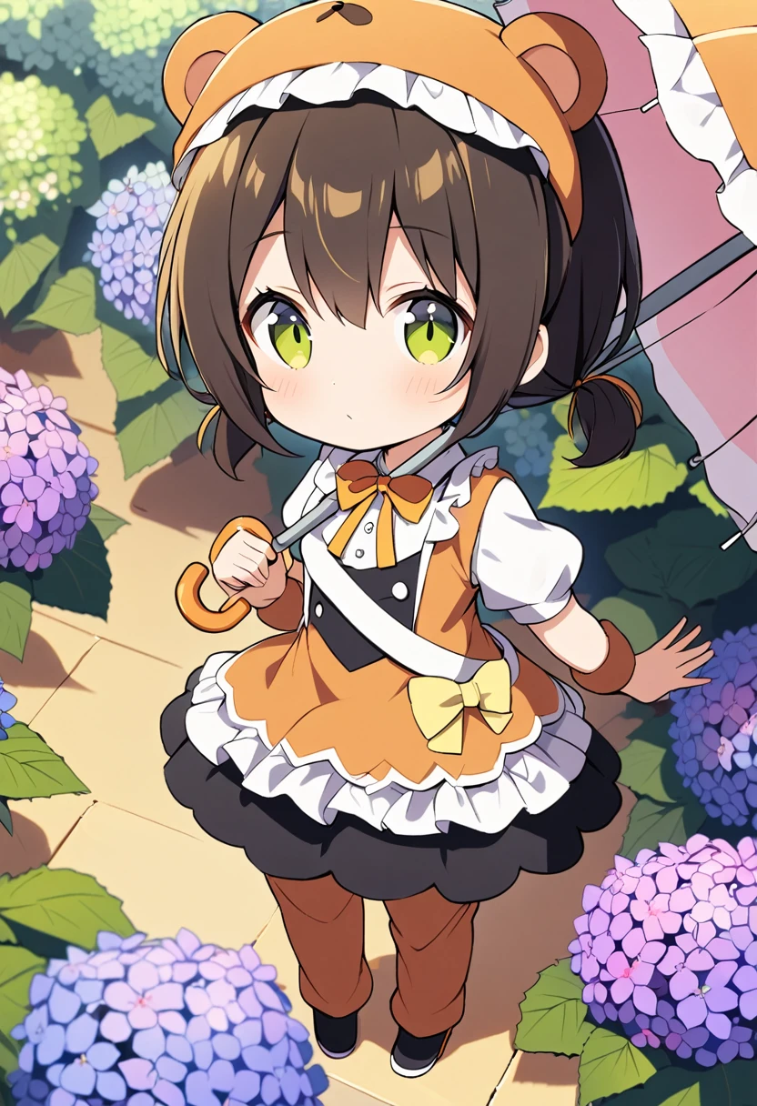1girl,deltamon_beta, solo, (eyes highlight,((upturned eyes)),((Angle from above:1.3)),from above、Looking at camera,((umbrella:1.3)),
BREAK {ponytail |short twintails | long hair |layered cut|bob cut},{black hair|brown hair|blonde hair},((idol)),((,Maid)),((chibi,loli(((hydrangea),a lot of flowers)),(bear full body costume Kigurumi),((Holding an umbrella:1.3))