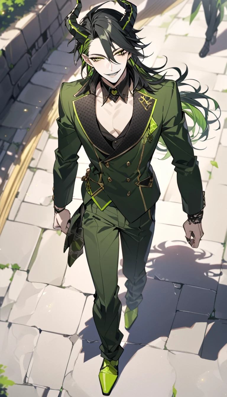 masterpiece, best quality, full body shot, shoot from above, looking at another(1nd boy, malleus draconia \(twisted wonderland\) horns, bishounen, boy, male, yana Toboso style, long hair, black hair, yellow green eyes, smile, gray lips, handsome, skinny, tall, yellow green glow, anime style), Walking slowly,