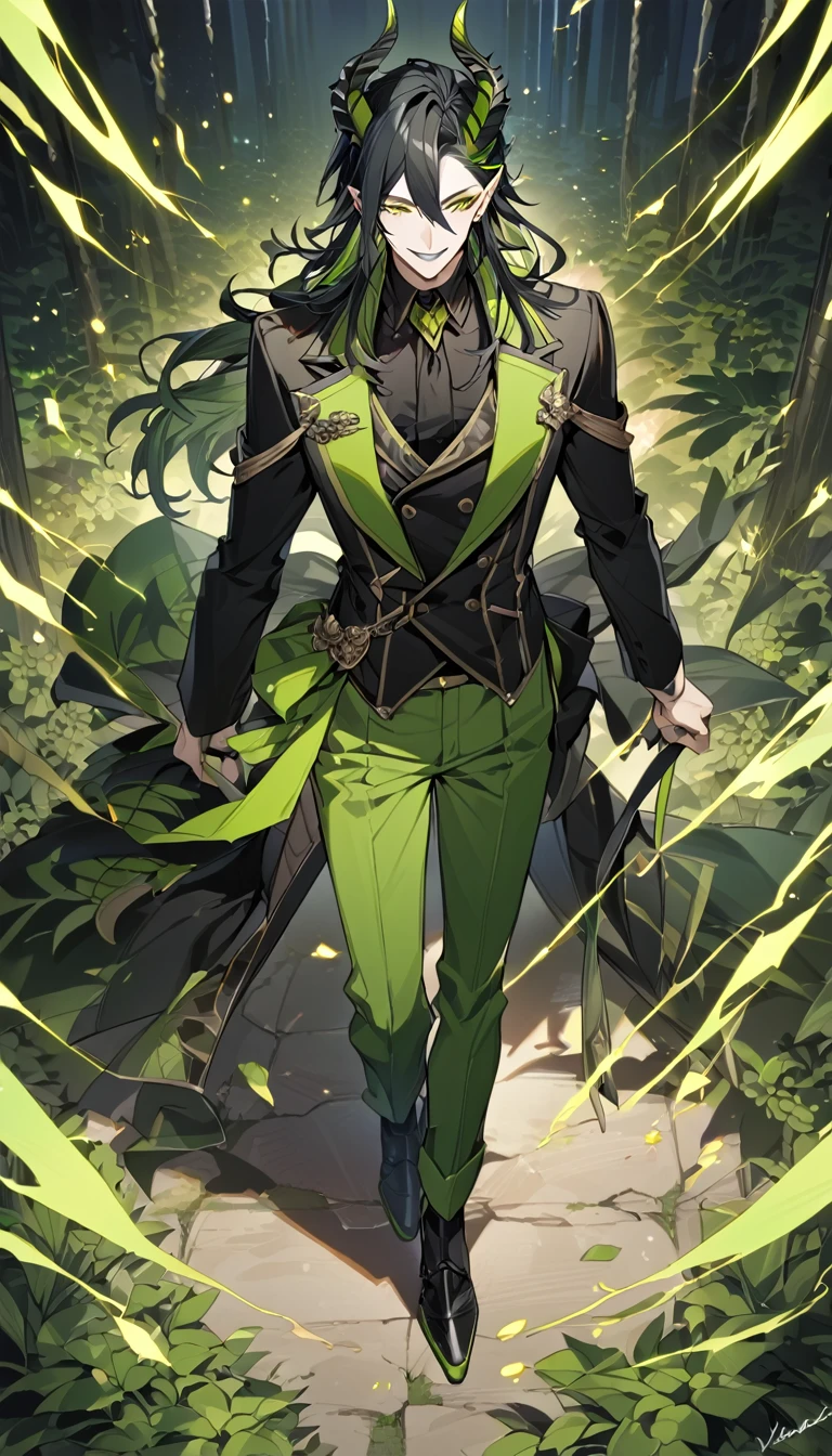 masterpiece, best quality,  full body shot, shoot from above, looking at another(1nd boy, malleus draconia \(twisted wonderland\) horns, bishounen, boy, male, yana Toboso style, long hair, black hair, yellow green eyes, smile, gray lips, handsome, skinny, tall, yellow green glow, anime style), Walking slowly,