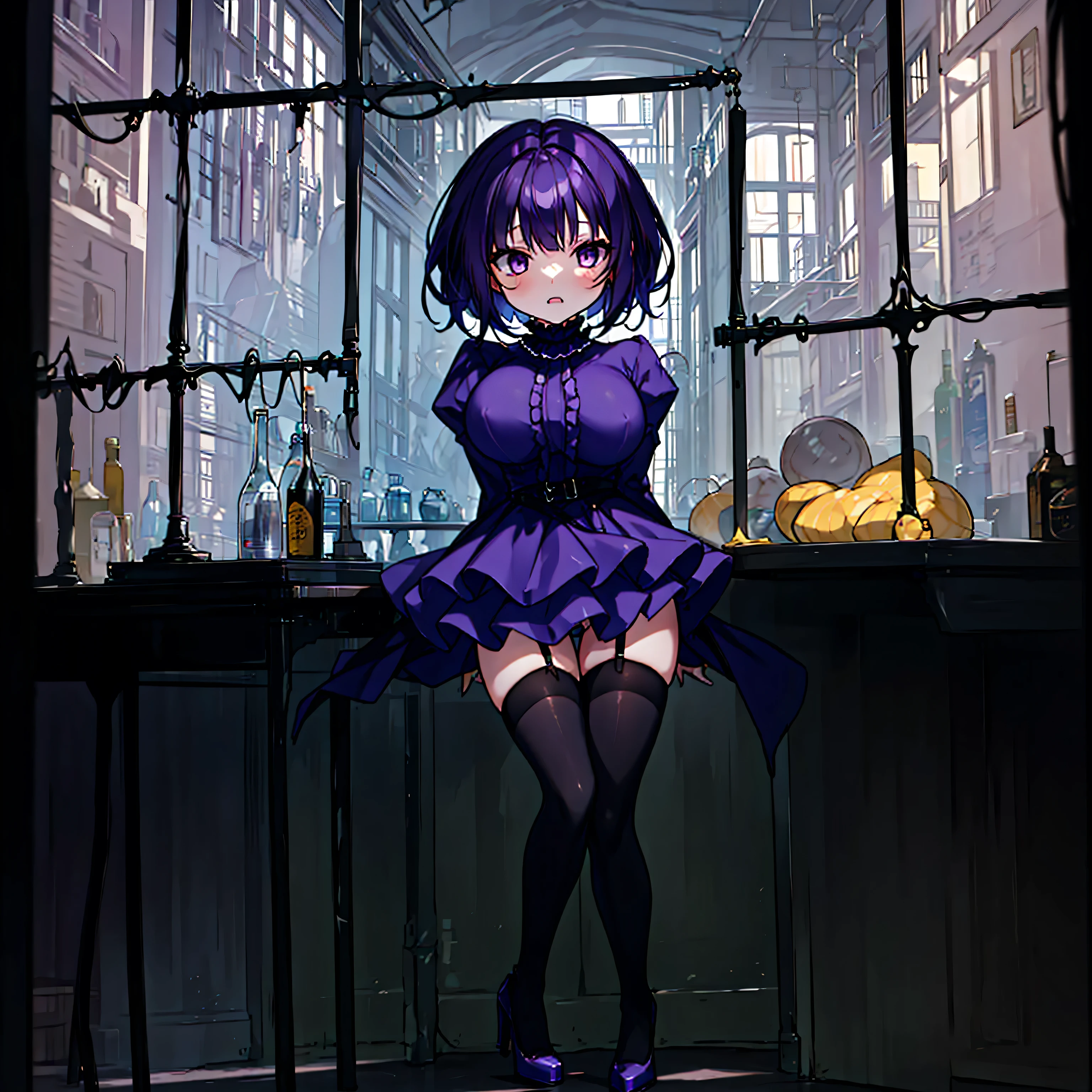 (solo), (1 skinny short girl:1.2), in the dark hall of mansion, (midnight), purple eyes over hair, Gothic Lolita, arms behind back, BREAK, (black short hair), (bursting huge breasts:1.2), (bouncing huge breasts:1.2), pale white skins, (skinny narrow waist), skinny legs, BREAK, (frilled layered black short dress), (frilled black cape), close chest, frilled long sleeve, show off thigh gap, (frilled black thighhighs:1.1), stiletto heels, BREAK, sad face, orgasm, coverd erectile nipples