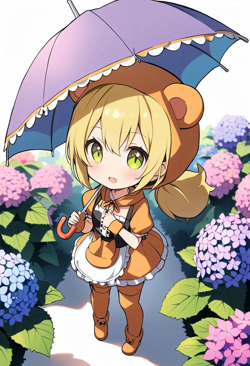 1girl,deltamon_beta, solo, (eyes highlight,((upturned eyes)),((Angle from above:1.3)),from above、Looking at camera,((umbrella:1.3)),
BREAK {ponytail |short twintails | long hair |layered cut|bob cut},{black hair|brown hair|blonde hair},((idol)),((,Maid)),((chibi,loli(((hydrangea),a lot of flowers)),(bear full body costume Kigurumi),((Holding an umbrella:1.3))