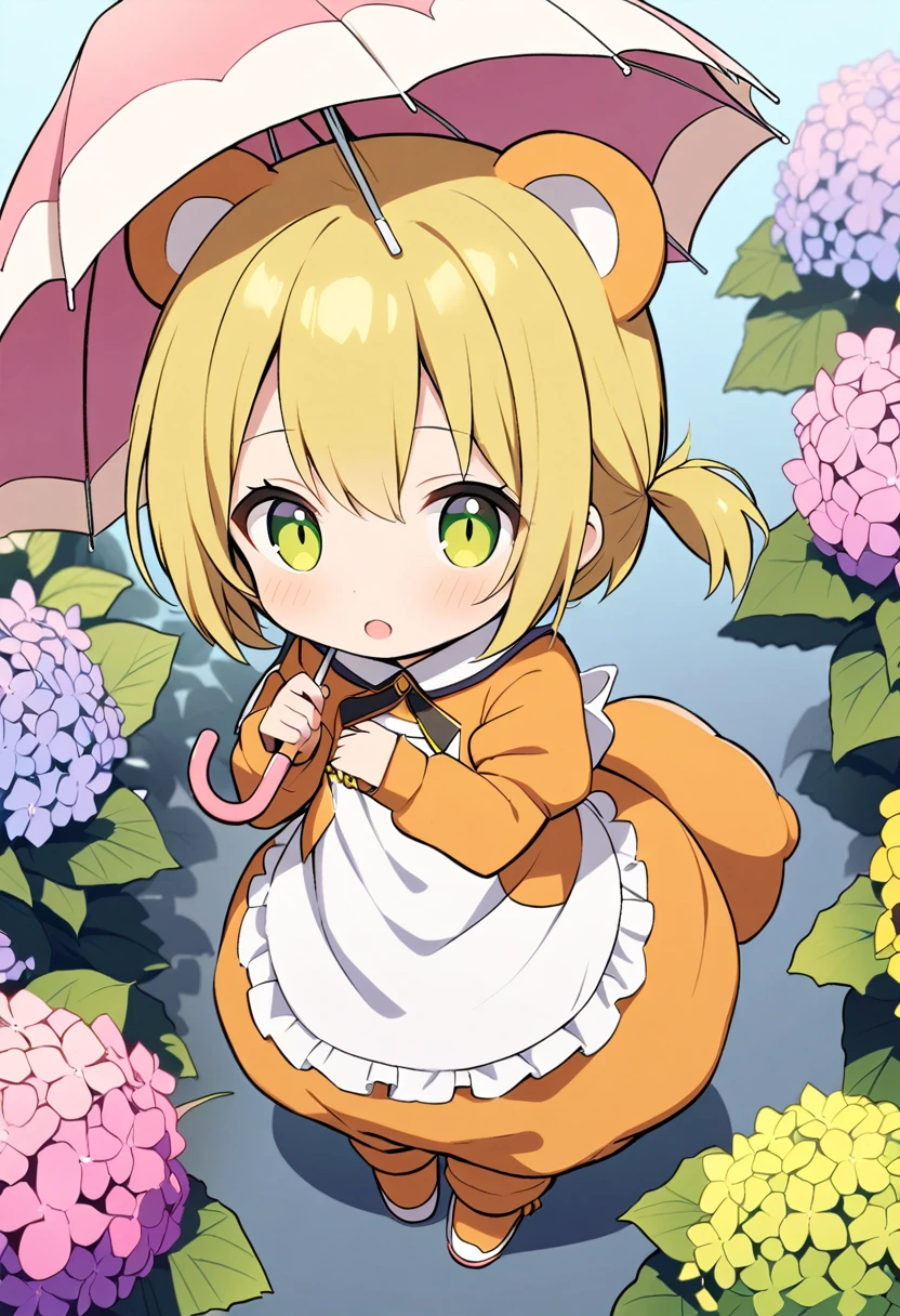 1girl,deltamon_beta, solo, (eyes highlight,((upturned eyes)),((Angle from above:1.3)),from above、Looking at camera,((umbrella:1.3)),
BREAK {ponytail |short twintails | long hair |layered cut|bob cut},{black hair|brown hair|blonde hair},((idol)),((loli,Maid)),((chibi,loli)), (((hydrangea),a lot of flowers)),(bear full body costume Kigurumi),((Holding an umbrella:1.3))