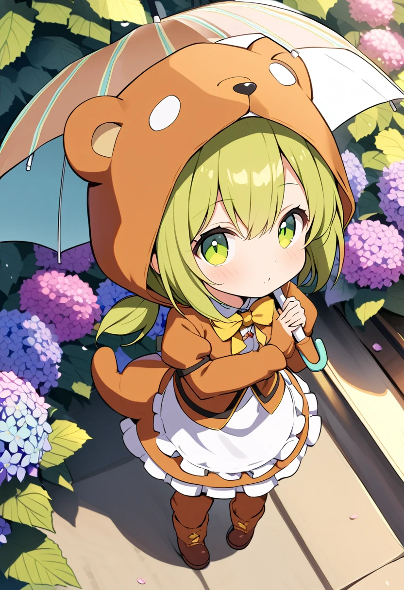 1girl,deltamon_beta, solo, (eyes highlight,((upturned eyes)),((Angle from above:1.3)),from above、Looking at camera,((umbrella:1.3)),
BREAK {ponytail |short twintails | long hair |layered cut|bob cut},{black hair|brown hair|blonde hair},((idol)),((loli,Maid)),((chibi,loli)), (((hydrangea),a lot of flowers)),(bear full body costume Kigurumi),((Holding an umbrella:1.3))