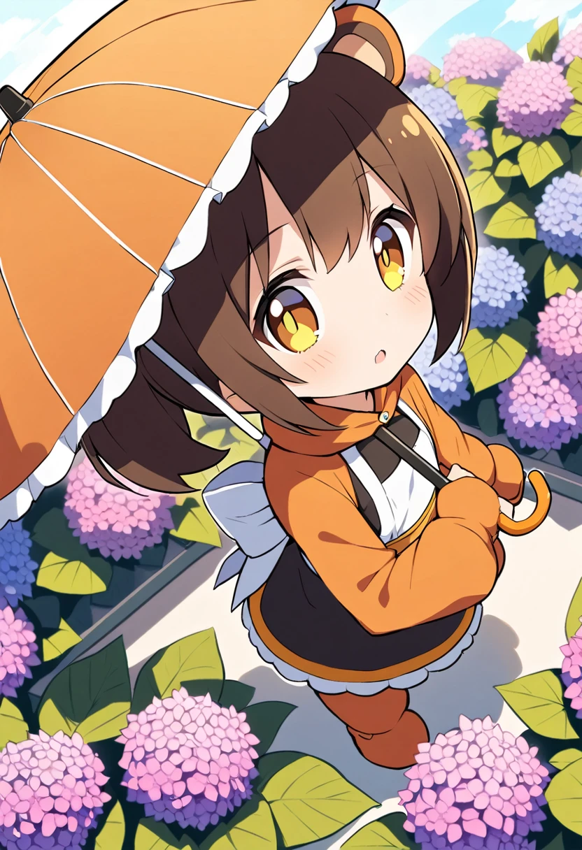 1girl,deltamon_beta, solo, (eyes highlight,((upturned eyes)),((Angle from above:1.3)),from above、Looking at camera,((umbrella:1.3)),
BREAK {ponytail |short twintails | long hair |layered cut|bob cut},{black hair|brown hair|blonde hair},((idol)),((,Maid)),((chibi,loli(((hydrangea),a lot of flowers)),(bear full body costume Kigurumi),((Holding an umbrella:1.3))