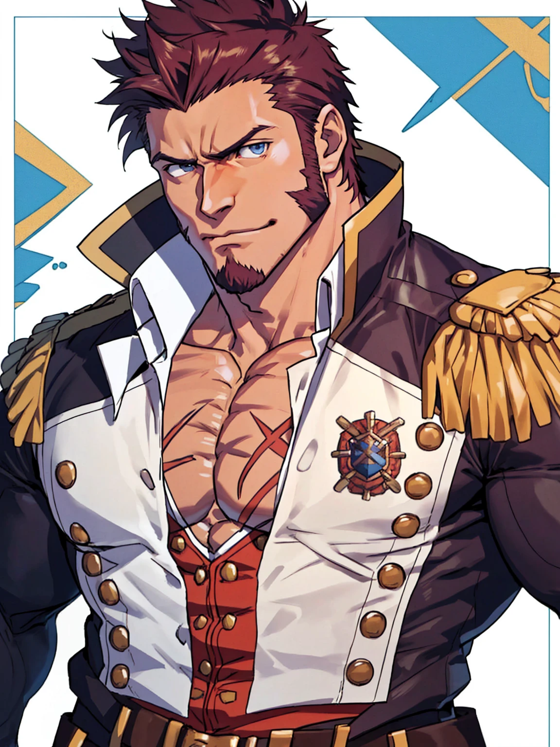 (Passionate, romantic), (Bara hunk with bulging muscles and rugged features, anatomically correct), (Best quality anime Fate), Napoleon Bonaparte from Fate, military uniform, showing off, full body portrait