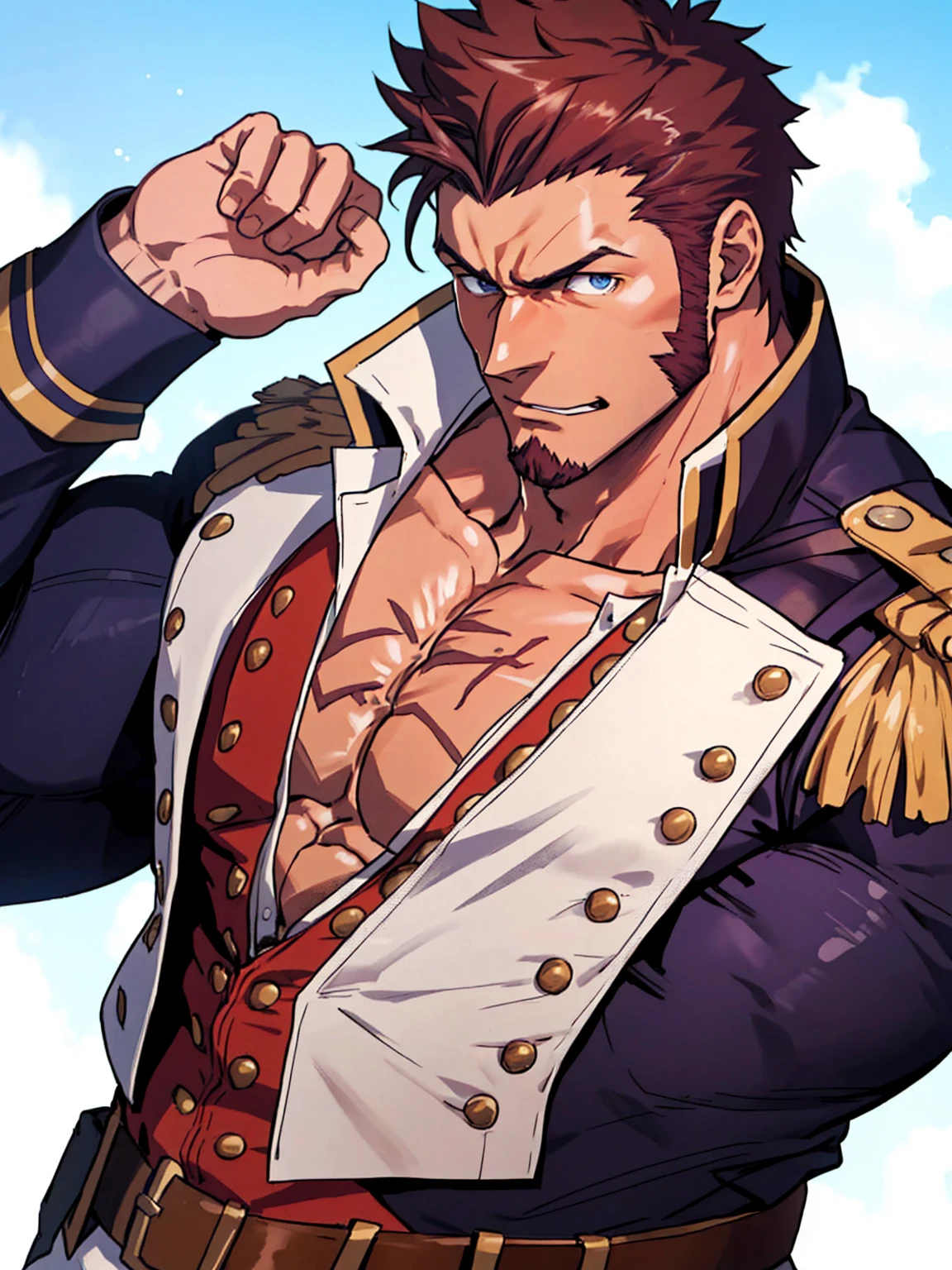 (Passionate, romantic), (Bara hunk with bulging muscles and rugged features, anatomically correct), (Best quality anime Fate), Napoleon Bonaparte from Fate, military uniform, showing off, full body portrait