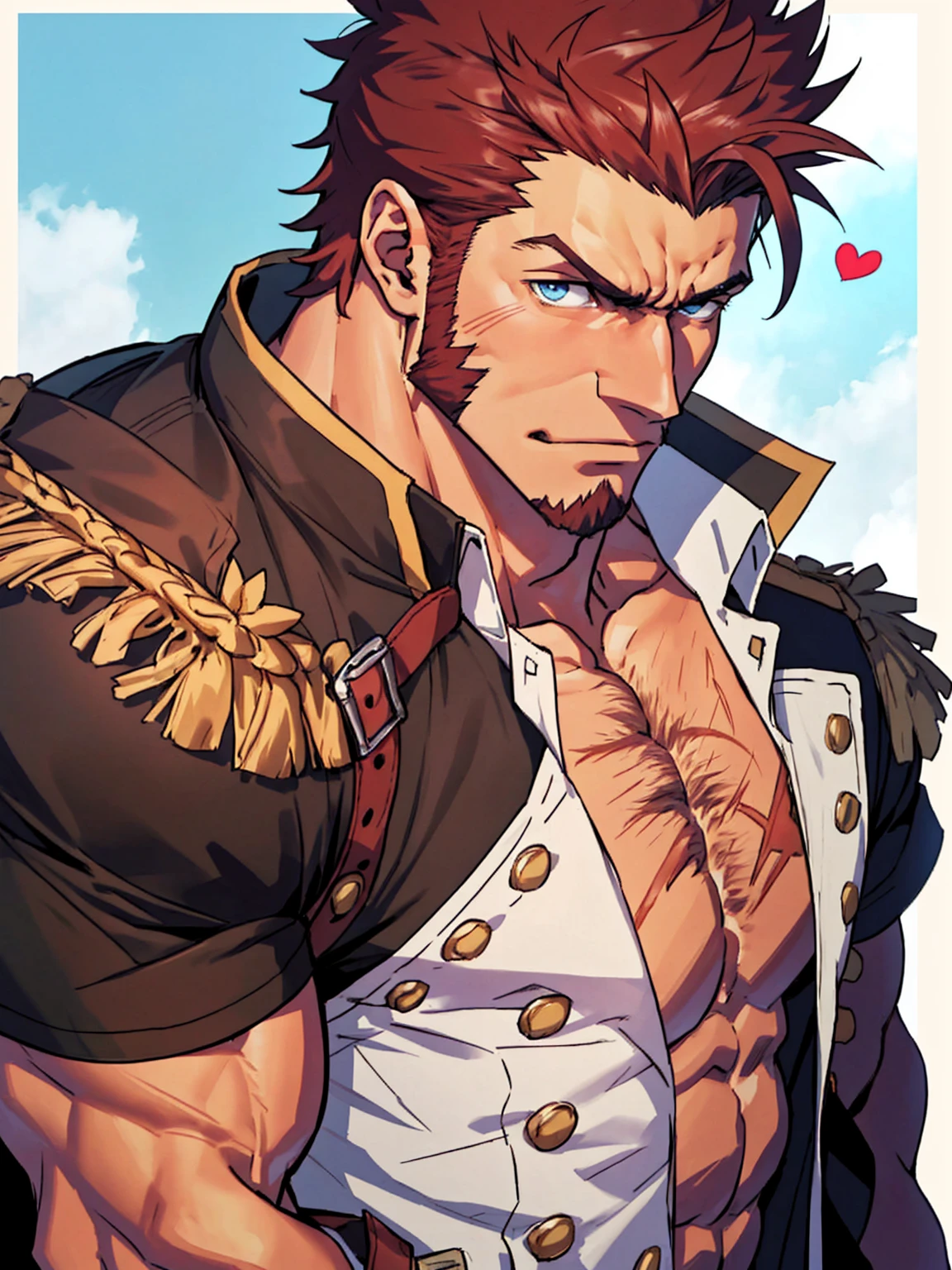 (Passionate, romantic), (Bara hunk with bulging muscles and rugged features, anatomically correct), (Best quality anime Fate), Napoleon Bonaparte from Fate, military uniform, showing off, full body portrait