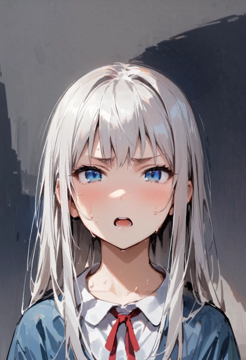 alone、headshot、Open your mouth、Close-up of face、primary school、School building、In the classroom、Light clothing、Girl、Girl、Short、Younger、Lower school year、Baby Face、Both eyes open、flat chest、Glaring、Sweat

