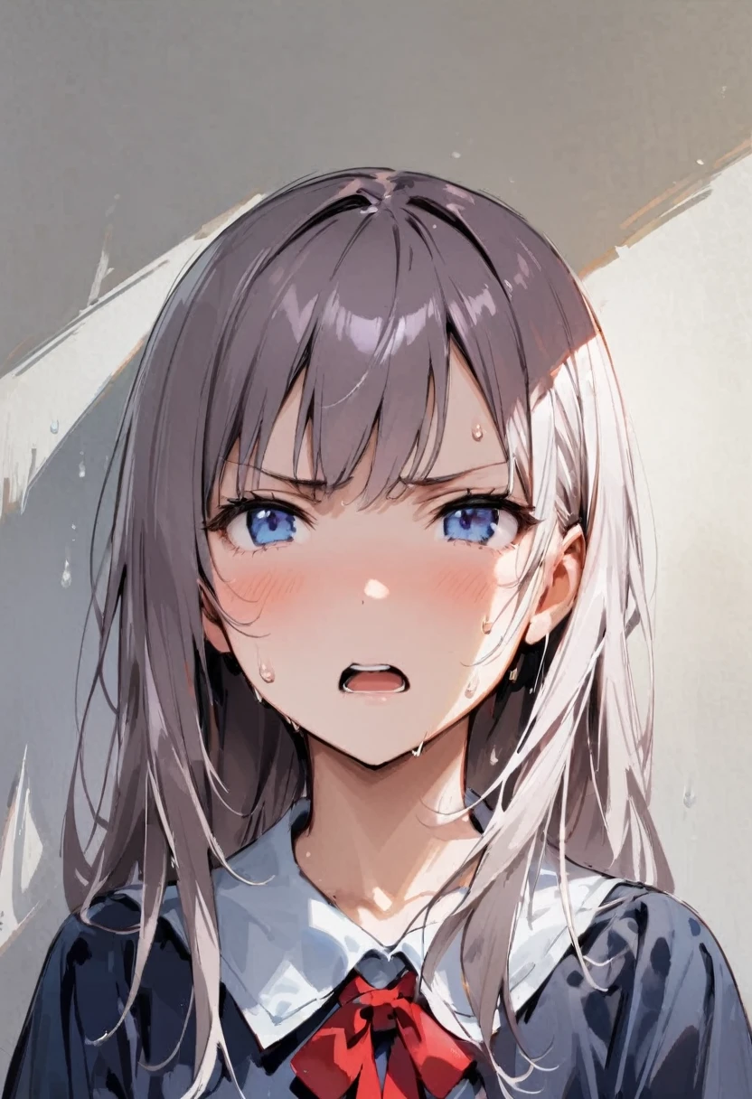 alone、headshot、Sticking out tongue、Show the back of your tongue、Open your mouth、Close-up of face、primary school、School building、In the classroom、Light clothing、Girl、Girl、Short、Younger、Lower school year、Baby Face、Both eyes open、flat chest、Glaring、Sweat