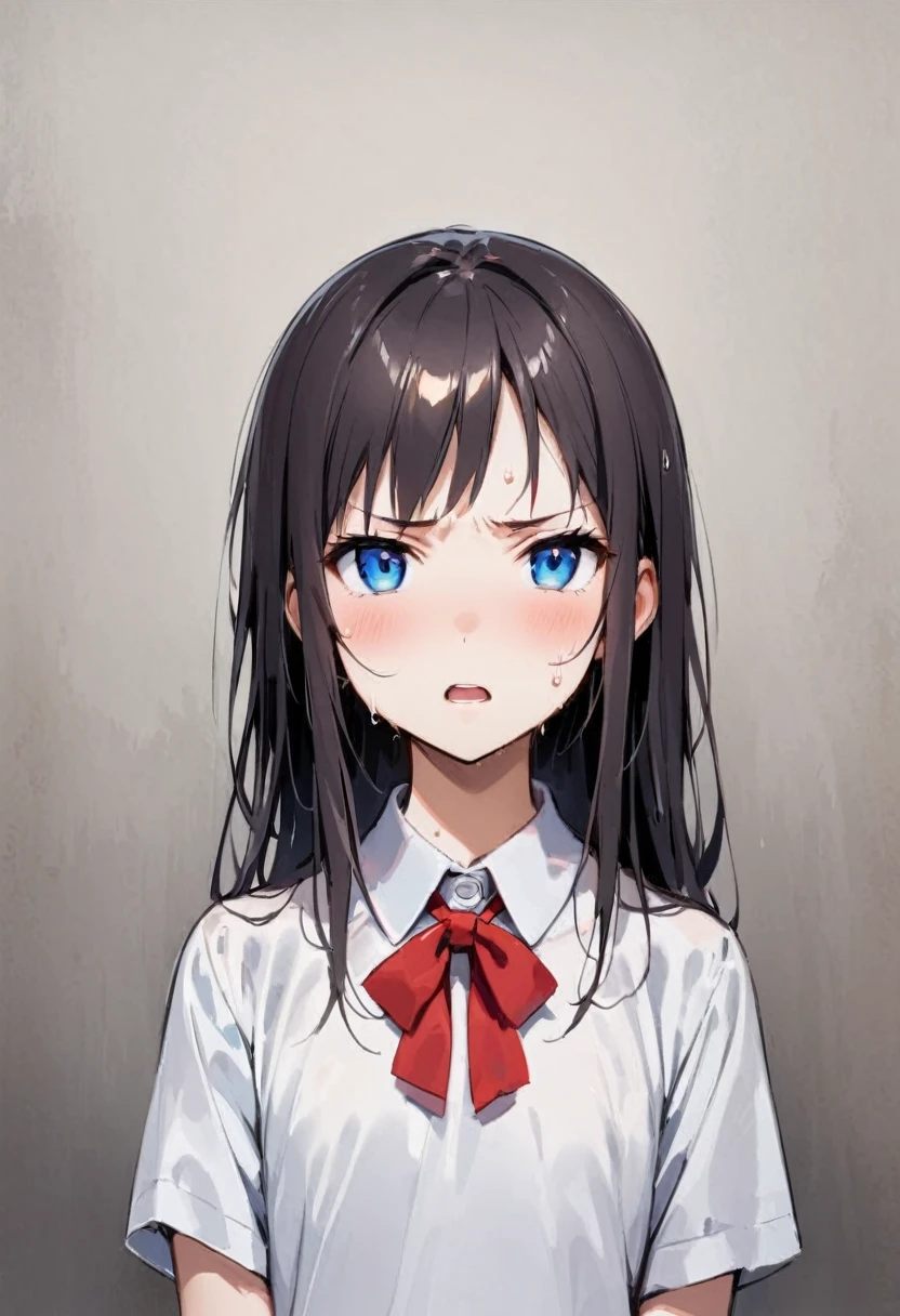 alone、headshot、Open your mouth、Close-up of face、primary school、School building、In the classroom、Light clothing、Girl、Girl、Short、Younger、Lower school year、Baby Face、Both eyes open、flat chest、Glaring、Sweat