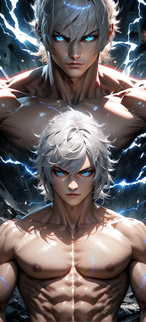 Far view,High quality, ultra realistic,absurdres, highres, ultra detailed, HDR, masterpiece, extremely detailed face and eyes, a cool topless fighter, cool posw, tekken, ,, cool white hair , solo, ,man, handsome, ,white eyeleshes, blue eyes ,explosive effect , ,black lightning effect,glowing glitters , symetrical