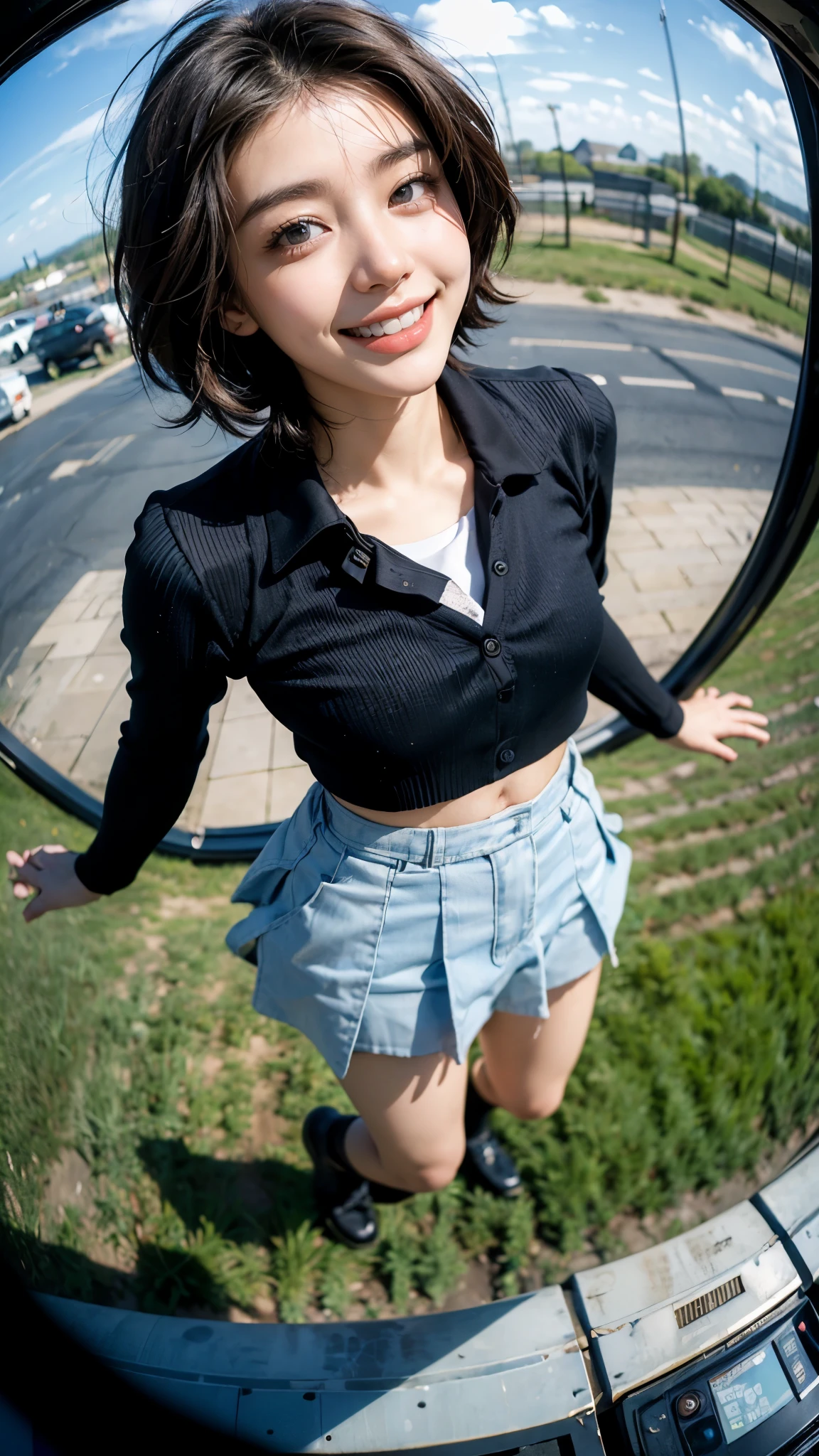 Highest quality, masterpiece, Ultra-high resolution,8K, (Realistic:1.6), (Facing portraits) RAW Photos, 1 Girl,(Full of smiles, Showing teeth)), 22 years old,((Korean Idol Karina Fashion)),((Miniskirt uniform and undershorts)),((Straight black short hair)),((Black hair fluttering in the wind)),((Looking up at the audience)),Face Focus:1.4,((Photographed from above with a fisheye lens:1.4)),((Background of airplane trails shining against the blue sky)), Image Media Chest)),((Smiling with teeth showing)),