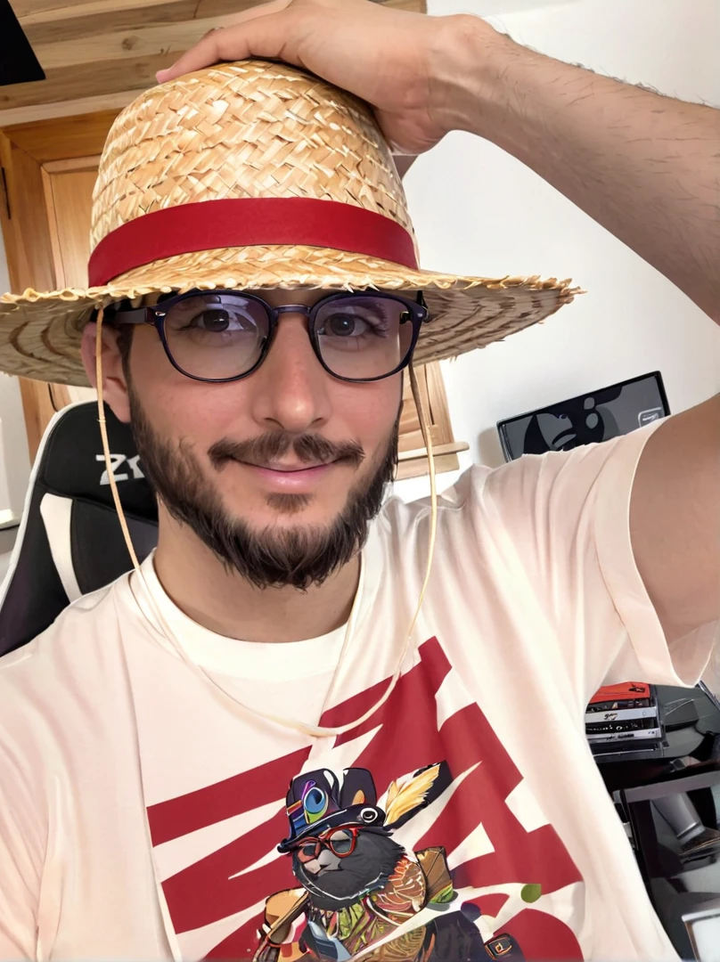 arafed man with a straw hat and glasses holding a straw hat, twitch streamer / gamer ludwig, msxotto, profile picture 1024px, he is wearing a hat, neckbeard, twitch streamer, with straw hat, youtuber, avatar image, carmelo blandino, with a weird hat, very very low quality picture, wearing sombrero