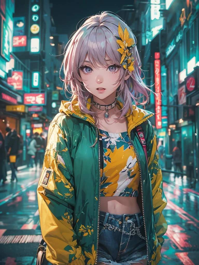 beautiful young girl, anime style, detailed face, wearing a trendy and stylish modern outfit, standing in a realistic urban background, vibrant and inviting lighting, dynamic pose, Japanese anime style, high quality, highly detailed, 8k resolution, cinematic lighting, best quality, vibrant colors, Instagrammable, aesthetic, trendy, hair color and style are vibrant and unique